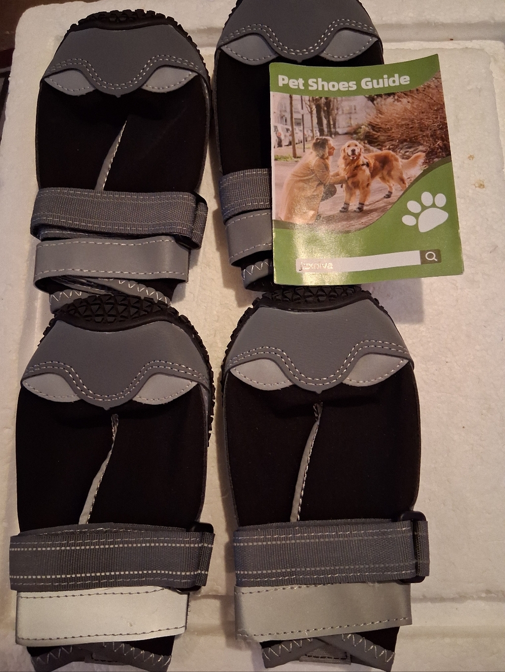 dog shoes, set of 4. size 8 for larger dog, gray & black dog paws protection